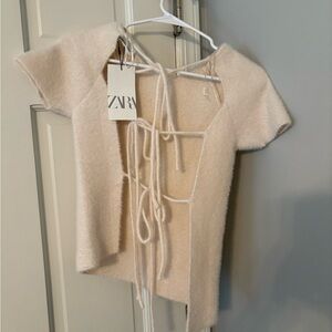 Zara Ivory Knit Top with Tie Detail